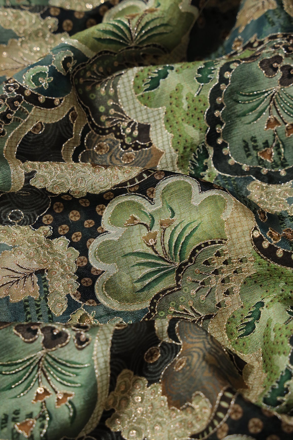 AIzaSyBcstauz-XMPRhEY21AUzeo032pxrXB5Ug - Floral Position Print On Sequins Embroidery Olive Viscose Chinnon Chiffon Fabric