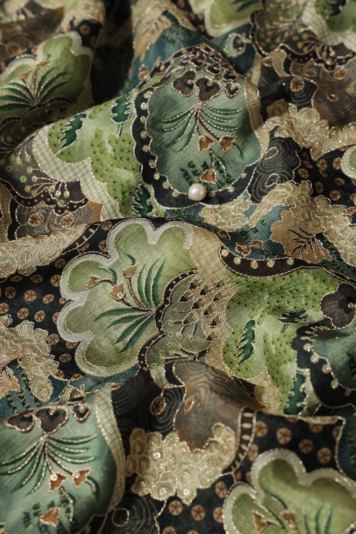 AIzaSyBcstauz-XMPRhEY21AUzeo032pxrXB5Ug - Floral Position Print On Sequins Embroidery Olive Viscose Chinnon Chiffon Fabric