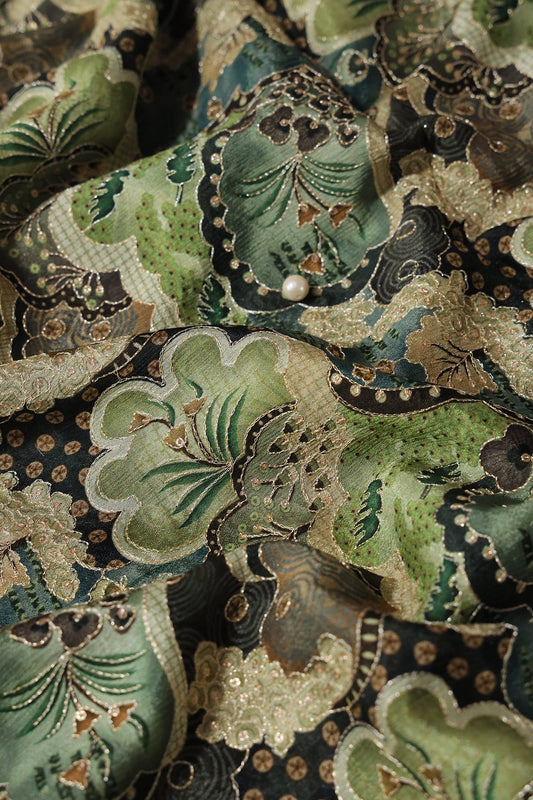 AIzaSyBcstauz-XMPRhEY21AUzeo032pxrXB5Ug - Floral Position Print On Sequins Embroidery Olive Viscose Chinnon Chiffon Fabric