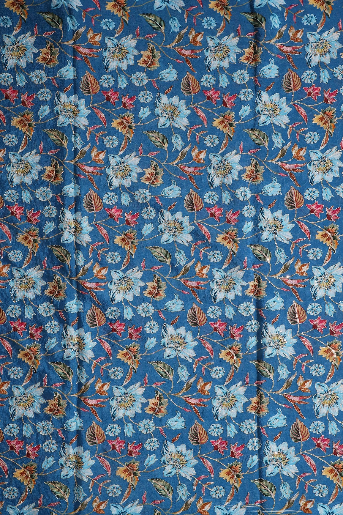 AIzaSyBcstauz-XMPRhEY21AUzeo032pxrXB5Ug - Floral Position Print On Sequins Embroidery Royal Blue Viscose Chinnon Chiffon Fabric