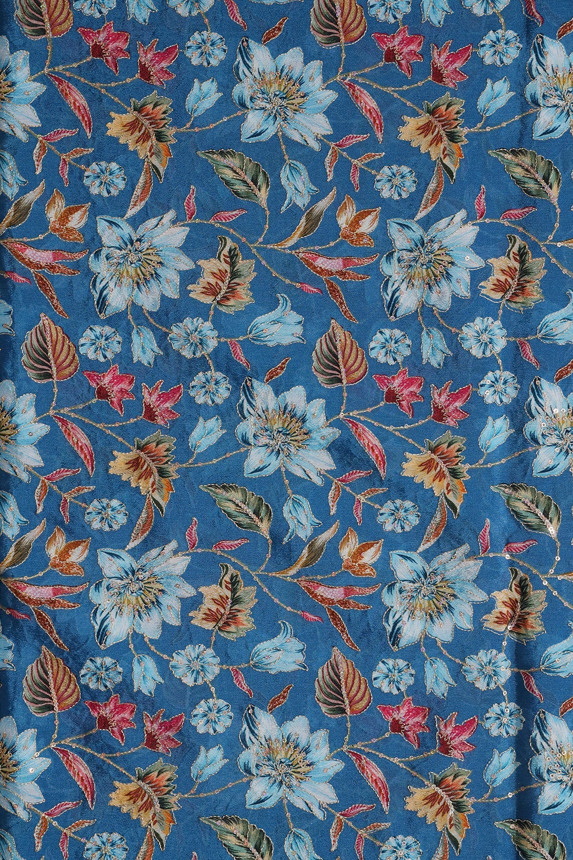 AIzaSyBcstauz-XMPRhEY21AUzeo032pxrXB5Ug - Floral Position Print On Sequins Embroidery Royal Blue Viscose Chinnon Chiffon Fabric