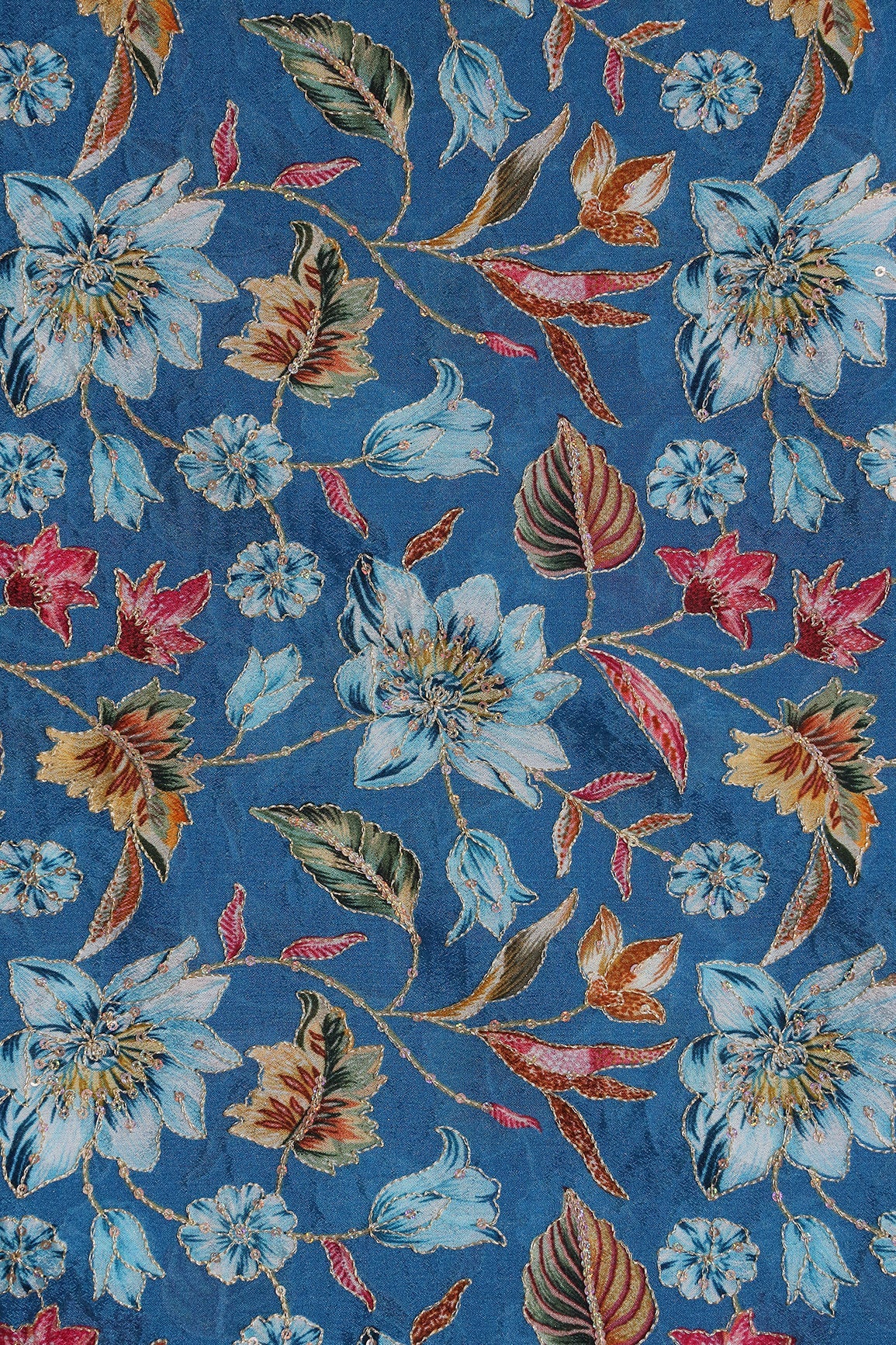 AIzaSyBcstauz-XMPRhEY21AUzeo032pxrXB5Ug - Floral Position Print On Sequins Embroidery Royal Blue Viscose Chinnon Chiffon Fabric