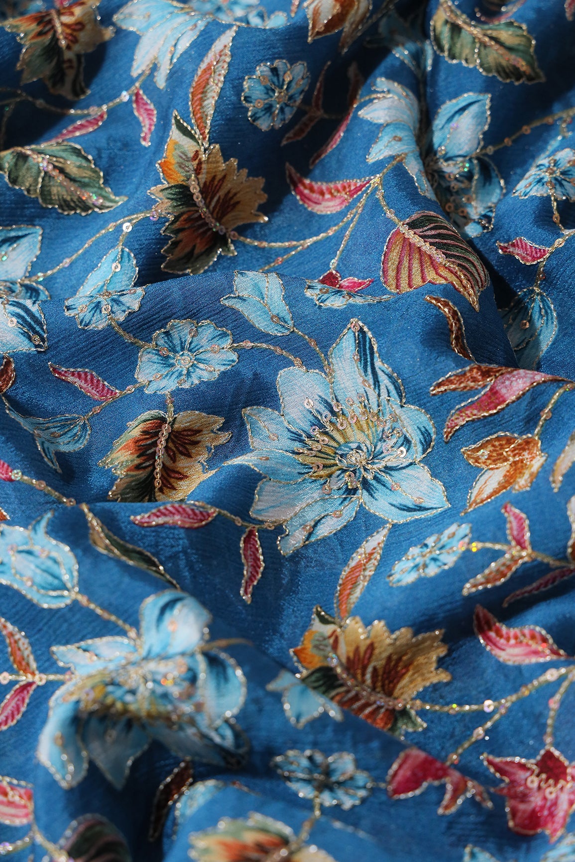 AIzaSyBcstauz-XMPRhEY21AUzeo032pxrXB5Ug - Floral Position Print On Sequins Embroidery Royal Blue Viscose Chinnon Chiffon Fabric