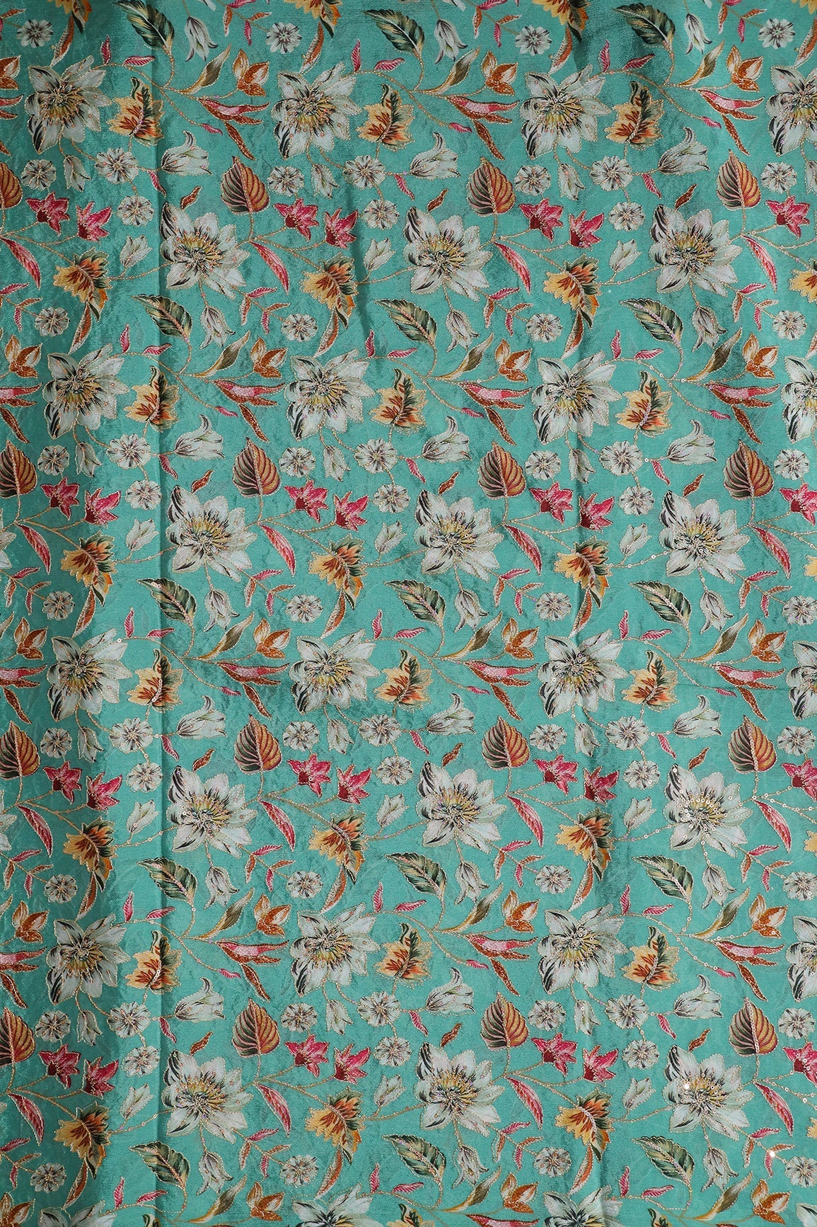 AIzaSyBcstauz-XMPRhEY21AUzeo032pxrXB5Ug - Floral Position Print On Sequins Embroidery Teal Viscose Chinnon Chiffon Fabric