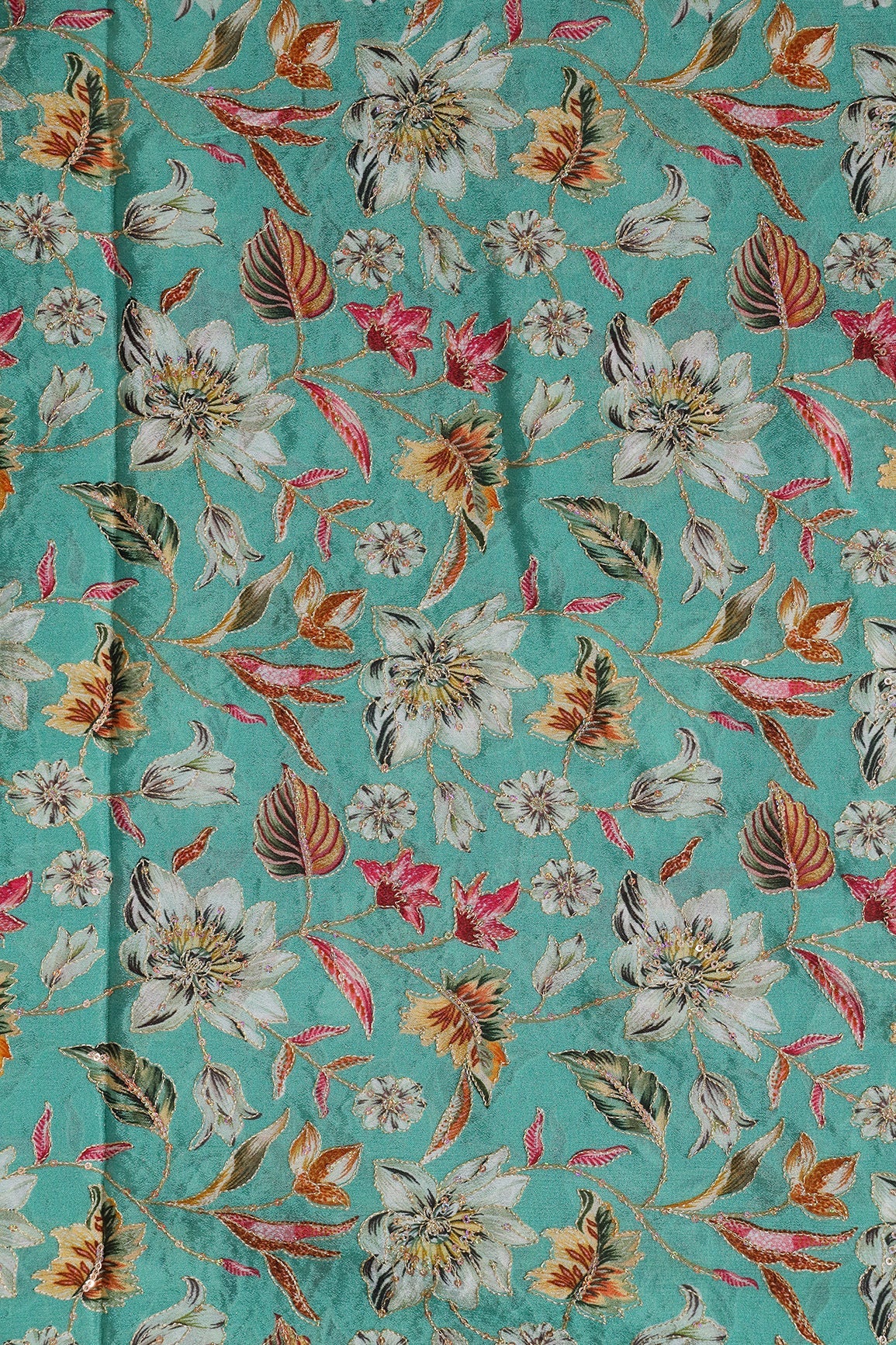 AIzaSyBcstauz-XMPRhEY21AUzeo032pxrXB5Ug - Floral Position Print On Sequins Embroidery Teal Viscose Chinnon Chiffon Fabric