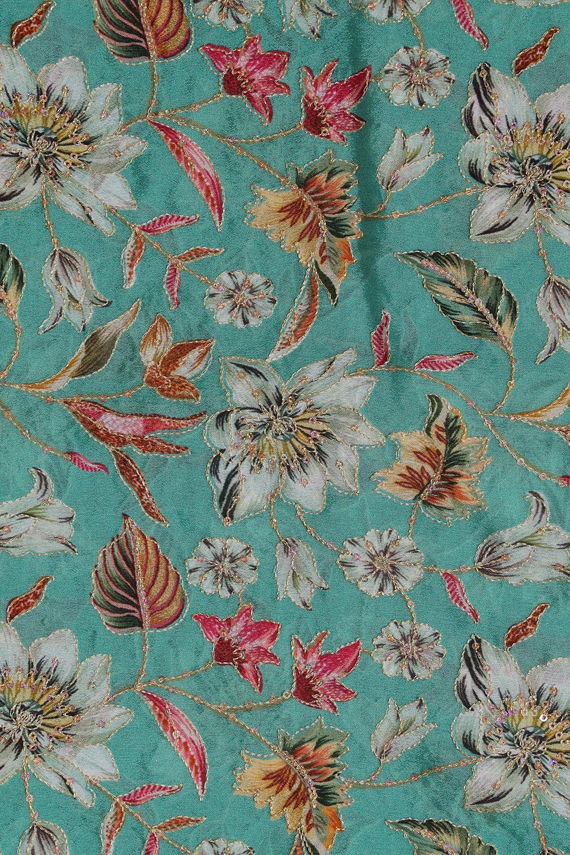 AIzaSyBcstauz-XMPRhEY21AUzeo032pxrXB5Ug - Floral Position Print On Sequins Embroidery Teal Viscose Chinnon Chiffon Fabric