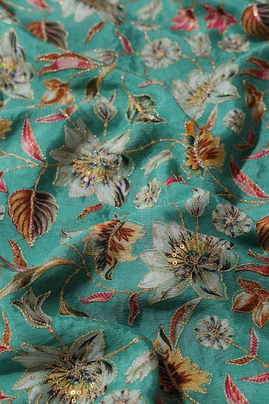 AIzaSyBcstauz-XMPRhEY21AUzeo032pxrXB5Ug - Floral Position Print On Sequins Embroidery Teal Viscose Chinnon Chiffon Fabric