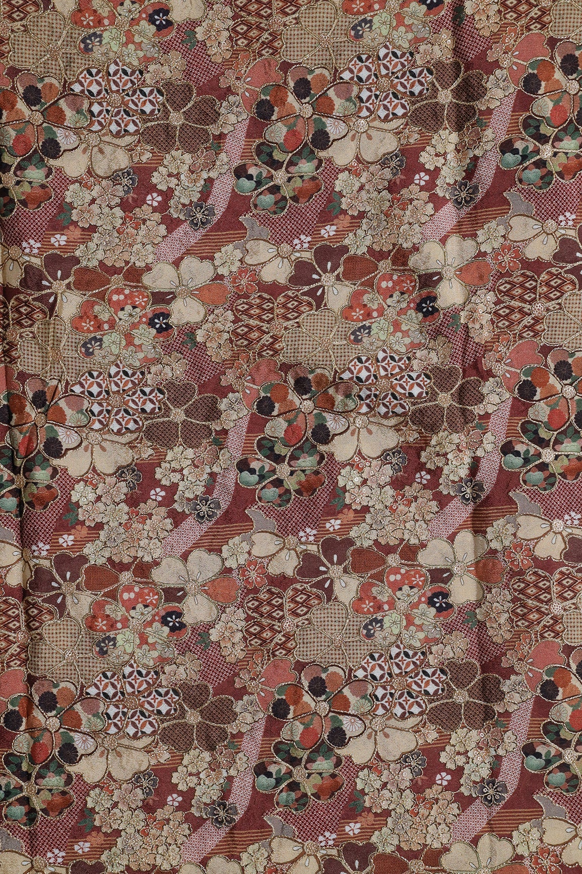 AIzaSyBcstauz-XMPRhEY21AUzeo032pxrXB5Ug - Floral Position Print On Sequins Embroidery Brown Viscose Chinnon Chiffon Fabric