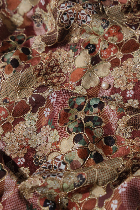 AIzaSyBcstauz-XMPRhEY21AUzeo032pxrXB5Ug - Floral Position Print On Sequins Embroidery Brown Viscose Chinnon Chiffon Fabric