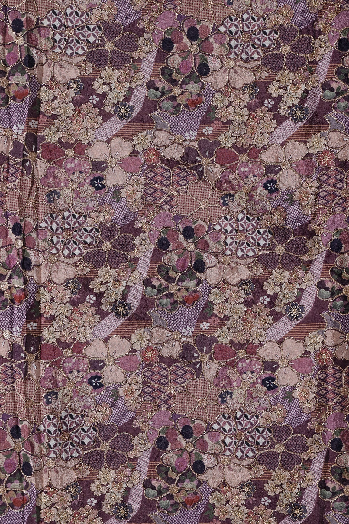 AIzaSyBcstauz-XMPRhEY21AUzeo032pxrXB5Ug - Floral Position Print On Sequins Embroidery Mauve Viscose Chinnon Chiffon Fabric