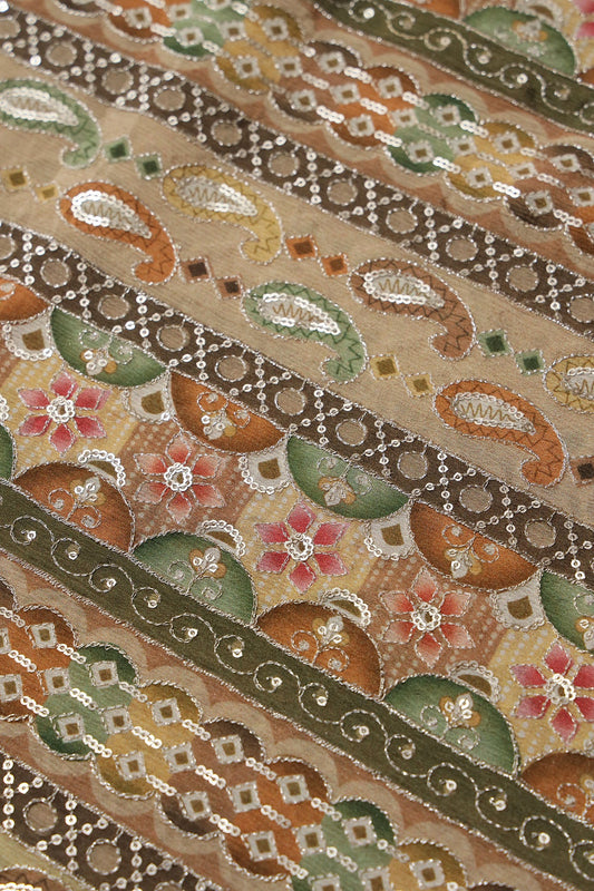 Traditional Position Print On Sequins Embroidery Light Beige Viscose Chinnon Chiffon Fabric