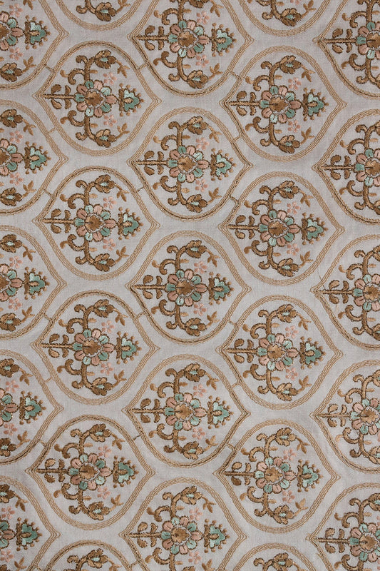 Multi Thread With Gold Zari Ogee Embroidery On Off White Raw Silk Fabric