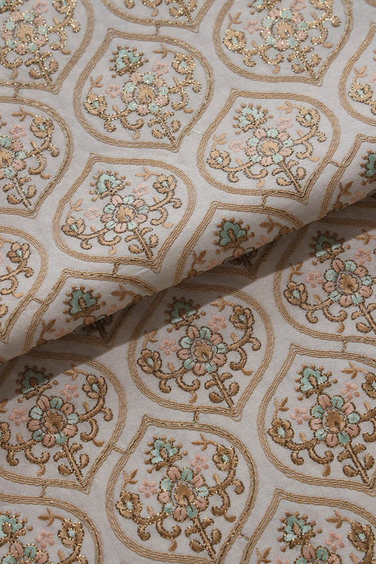 Multi Thread With Gold Zari Ogee Embroidery On Off White Raw Silk Fabric