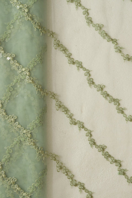 Olive Thread With Sequins Strip Embroidery Work On Olive Soft Net Fabric