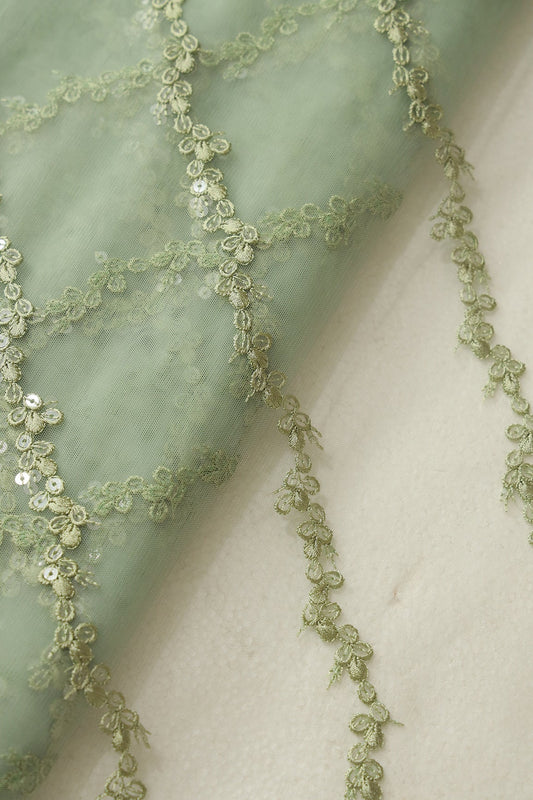 Olive Thread With Sequins Strip Embroidery Work On Olive Soft Net Fabric