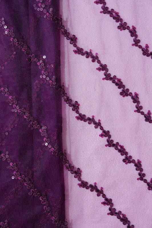 Wine Thread With Sequins Strip Embroidery Work On Wine Soft Net Fabric