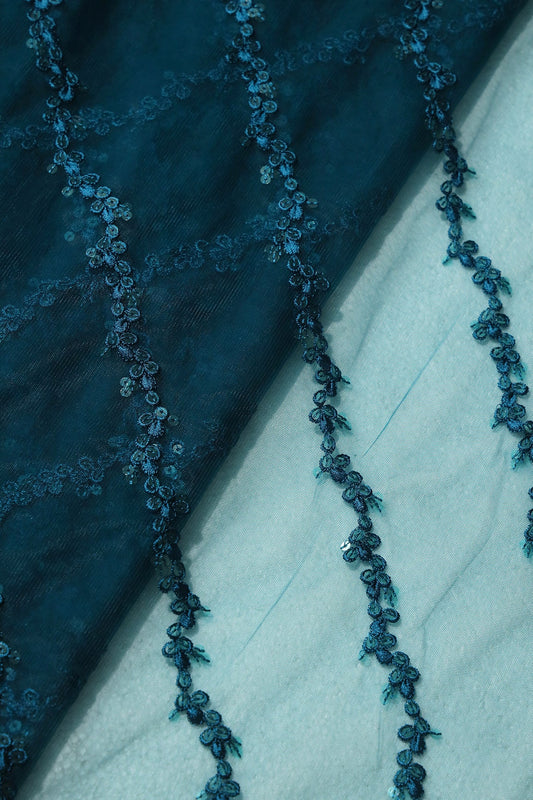 Rama Thread With Sequins Strip Embroidery Work On Rama Soft Net Fabric