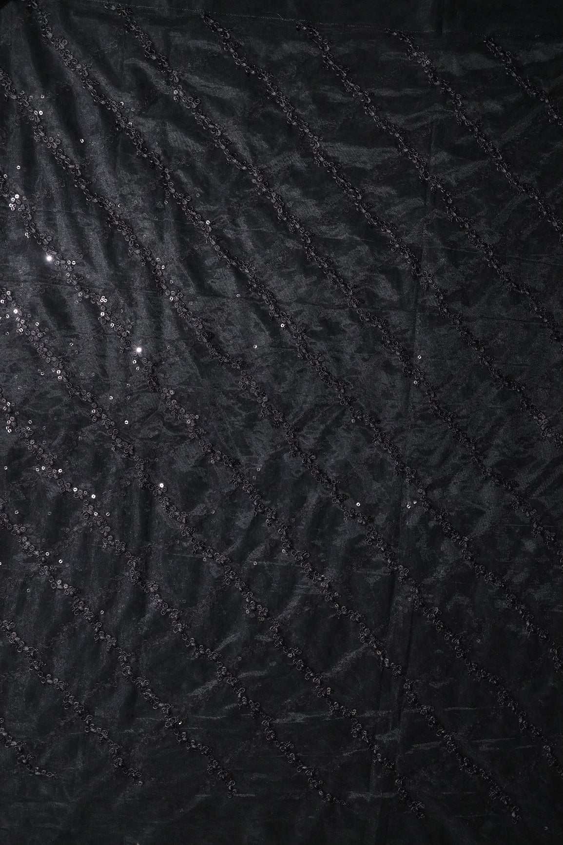 AIzaSyBcstauz-XMPRhEY21AUzeo032pxrXB5Ug - Black Thread With Sequins Strip Embroidery Work On Black Soft Net Fabric