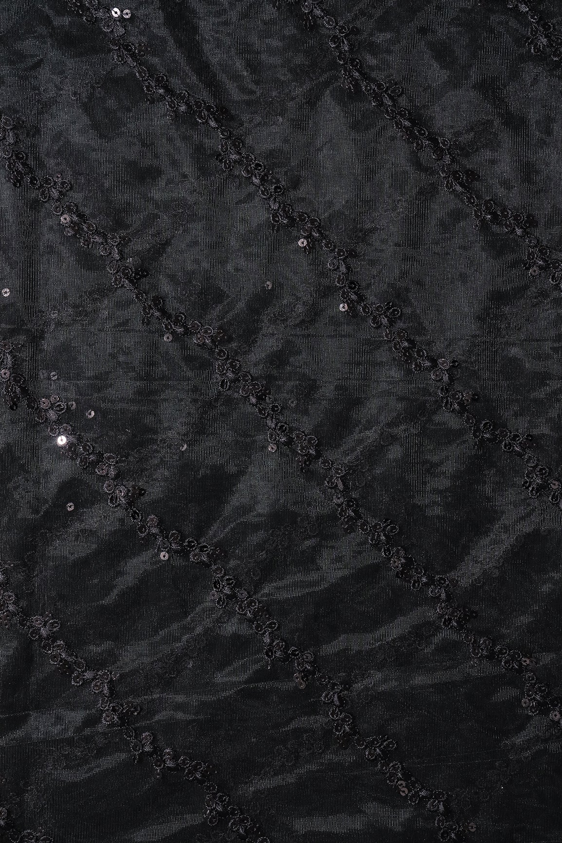 AIzaSyBcstauz-XMPRhEY21AUzeo032pxrXB5Ug - Black Thread With Sequins Strip Embroidery Work On Black Soft Net Fabric