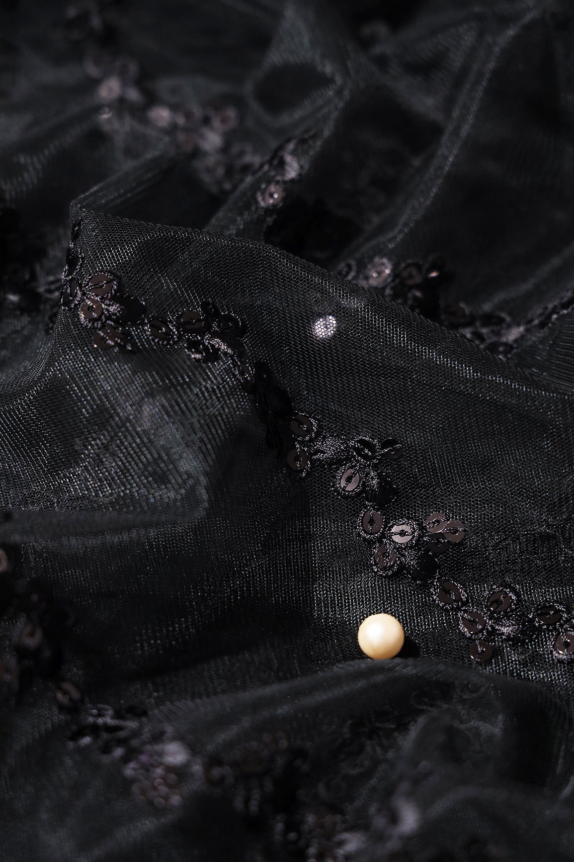 AIzaSyBcstauz-XMPRhEY21AUzeo032pxrXB5Ug - Black Thread With Sequins Strip Embroidery Work On Black Soft Net Fabric
