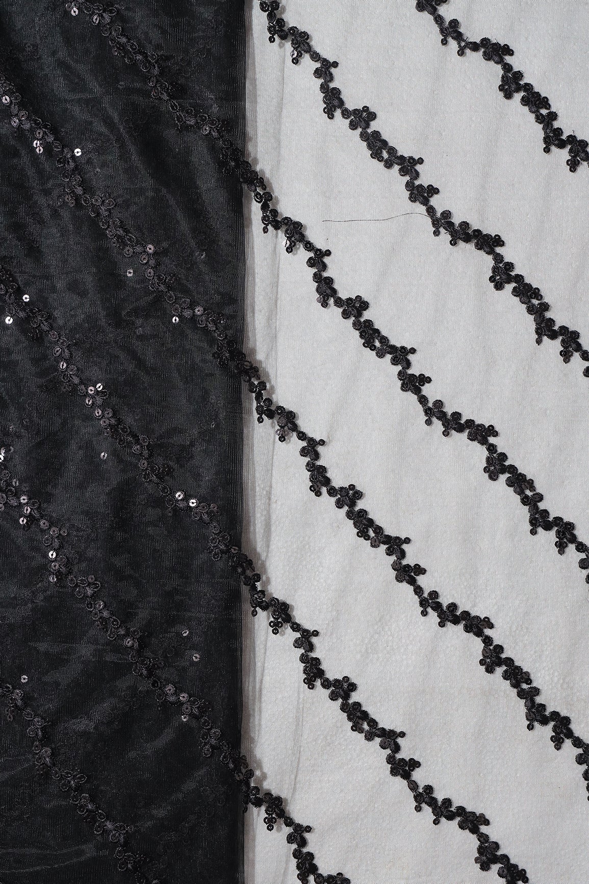 AIzaSyBcstauz-XMPRhEY21AUzeo032pxrXB5Ug - Black Thread With Sequins Strip Embroidery Work On Black Soft Net Fabric