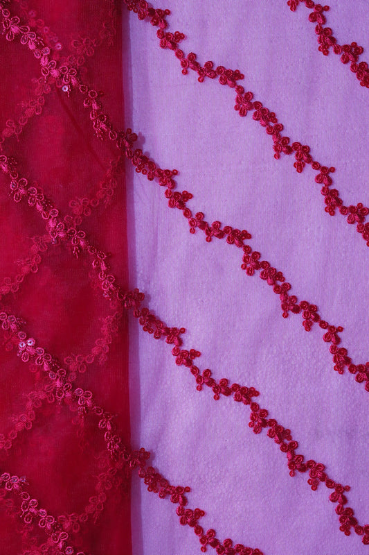 Red Thread With Sequins Strip Embroidery Work On Cherry Red Soft Net Fabric