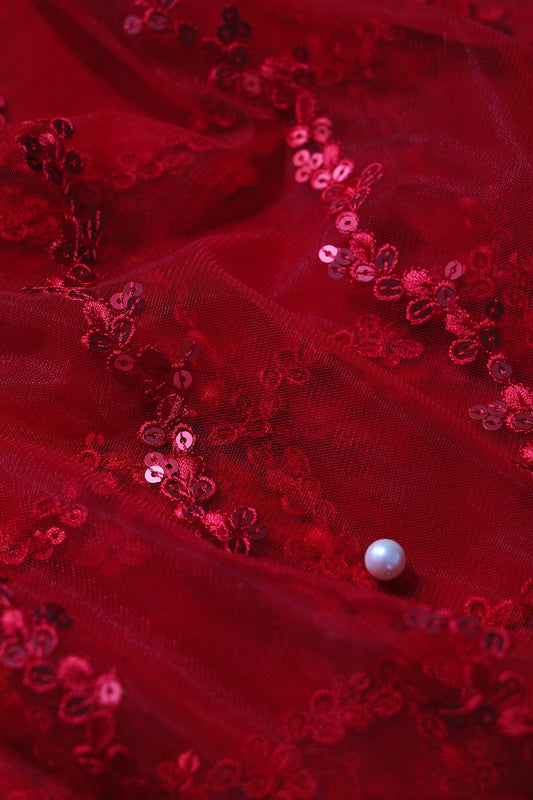 Red Thread With Sequins Strip Embroidery Work On Red Soft Net Fabric
