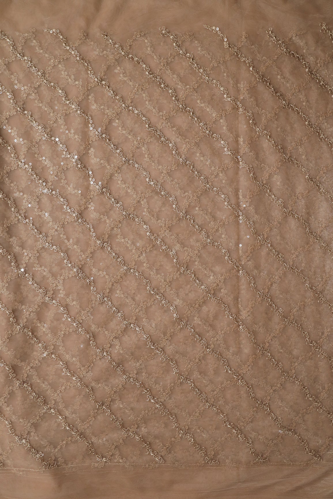 AIzaSyBcstauz-XMPRhEY21AUzeo032pxrXB5Ug - Beige Thread With Sequins Strip Embroidery Work On Beige Soft Net Fabric