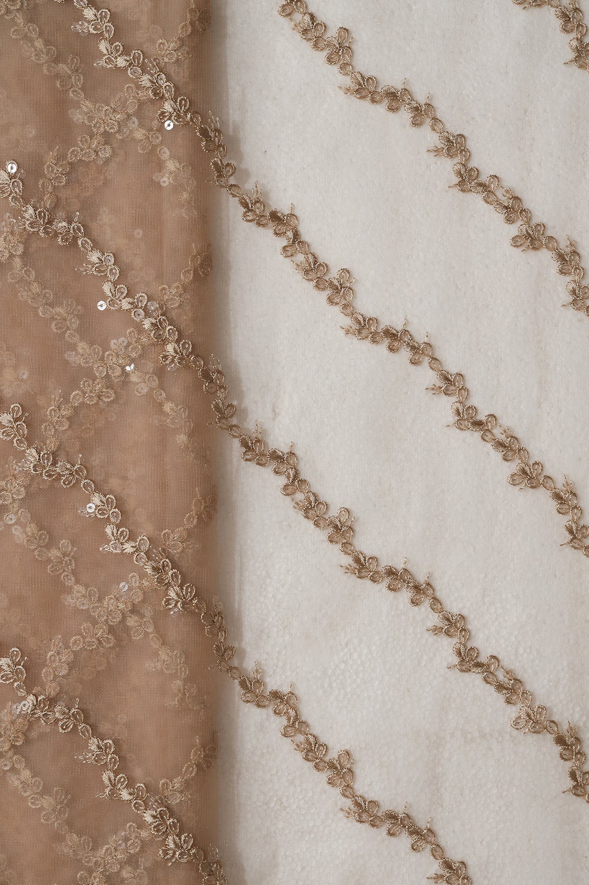 AIzaSyBcstauz-XMPRhEY21AUzeo032pxrXB5Ug - Beige Thread With Sequins Strip Embroidery Work On Beige Soft Net Fabric