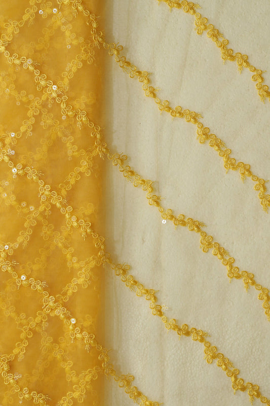 Yellow Thread With Sequins Strip Embroidery Work On Yellow Soft Net Fabric