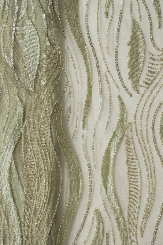 Olive Thread With Sequins Wavy Embroidery Work On Olive Soft Net Fabric
