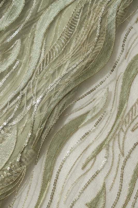 Olive Thread With Sequins Wavy Embroidery Work On Olive Soft Net Fabric