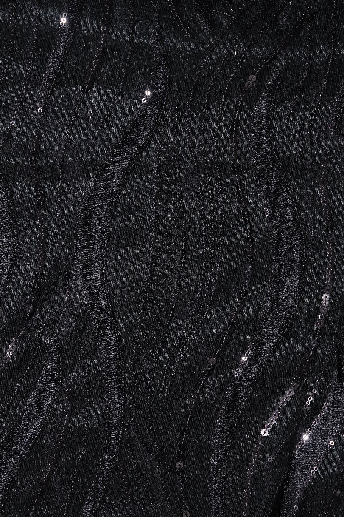 AIzaSyBcstauz-XMPRhEY21AUzeo032pxrXB5Ug - Black Thread With Sequins Wavy Embroidery Work On Black Soft Net Fabric