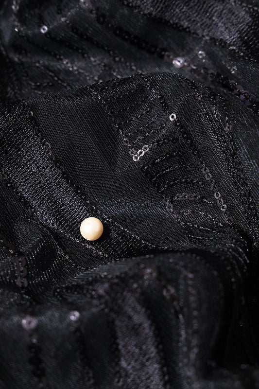 AIzaSyBcstauz-XMPRhEY21AUzeo032pxrXB5Ug - Black Thread With Sequins Wavy Embroidery Work On Black Soft Net Fabric