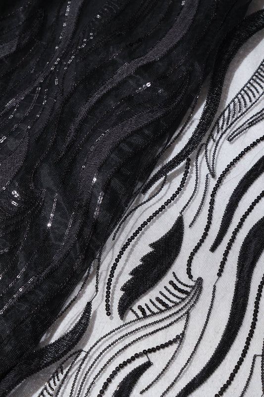 AIzaSyBcstauz-XMPRhEY21AUzeo032pxrXB5Ug - Black Thread With Sequins Wavy Embroidery Work On Black Soft Net Fabric