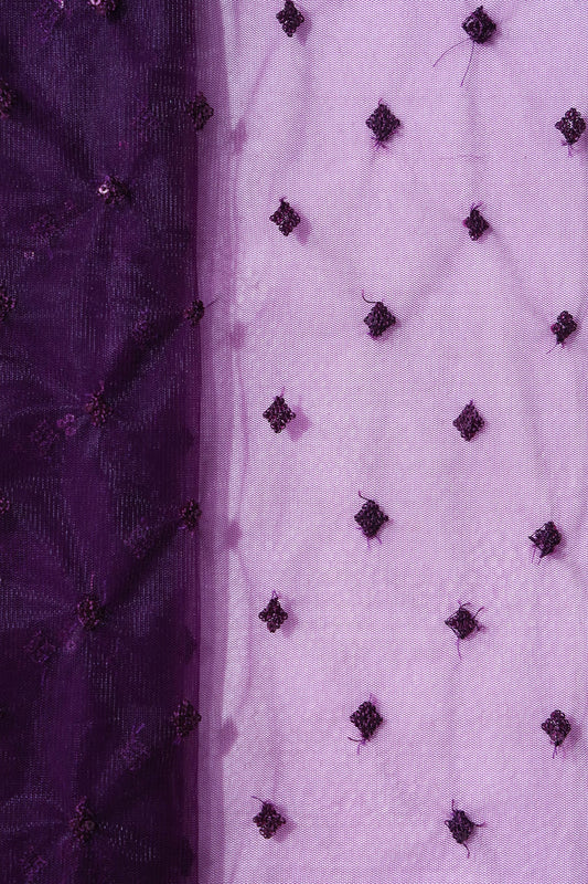 Small Motif Sequins Embroidery Work On Wine Soft Net Fabric