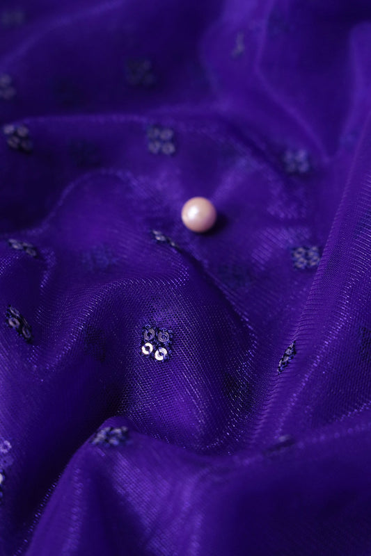 Small Motif Sequins Embroidery Work On Dark Purple Soft Net Fabric