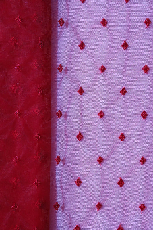 Small Motif Sequins Embroidery Work On Red Soft Net Fabric