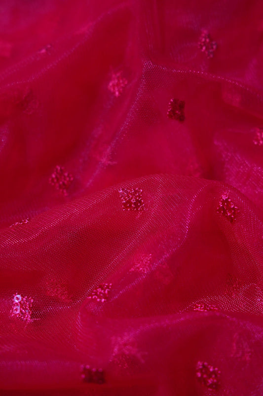 Small Motif Sequins Embroidery Work On Cherry Red Soft Net Fabric