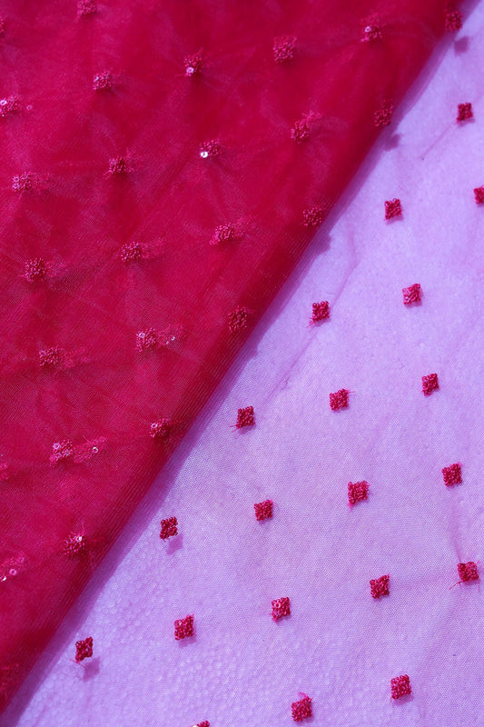 Small Motif Sequins Embroidery Work On Cherry Red Soft Net Fabric
