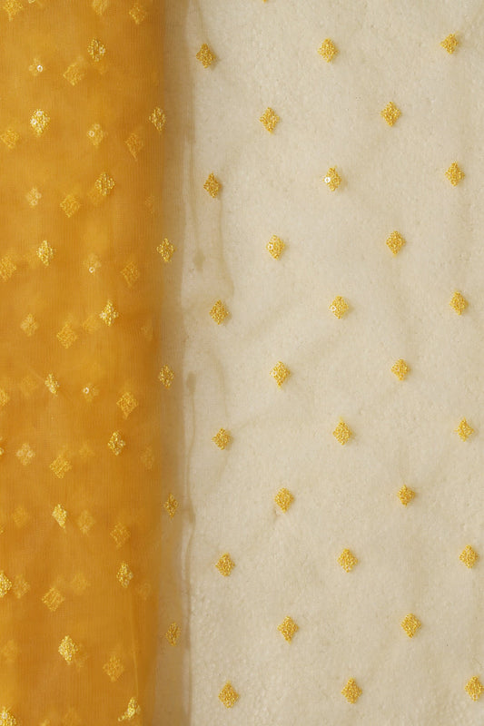 Small Motif Sequins Embroidery Work On Yellow Soft Net Fabric