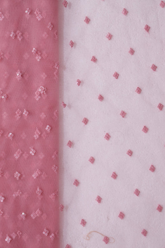 Small Motif Sequins Embroidery Work On Pink Soft Net Fabric