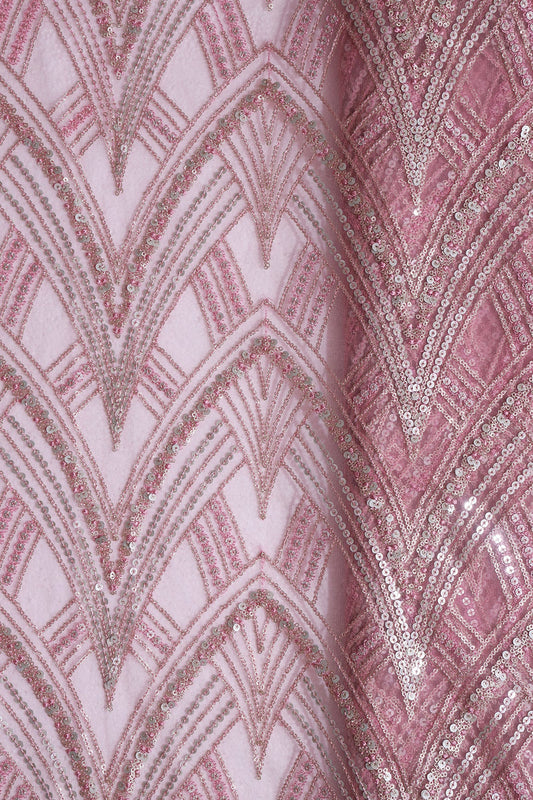 Pink Thread With Gold And Silver Sequins Geometric Embroidery Work On Pink Soft Net Fabric