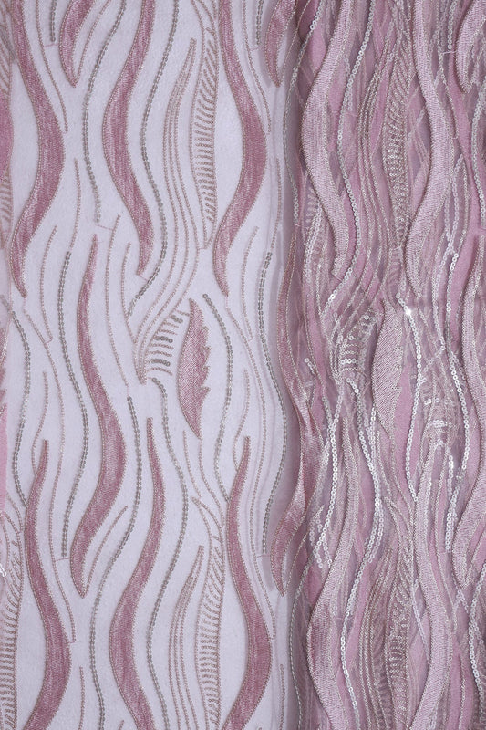 Mauve Thread With Sequins Wavy Embroidery Work On Mauve Soft Net Fabric