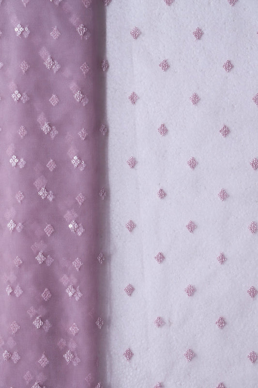 Small Motif Sequins Embroidery Work On Lilac Purple Soft Net Fabric