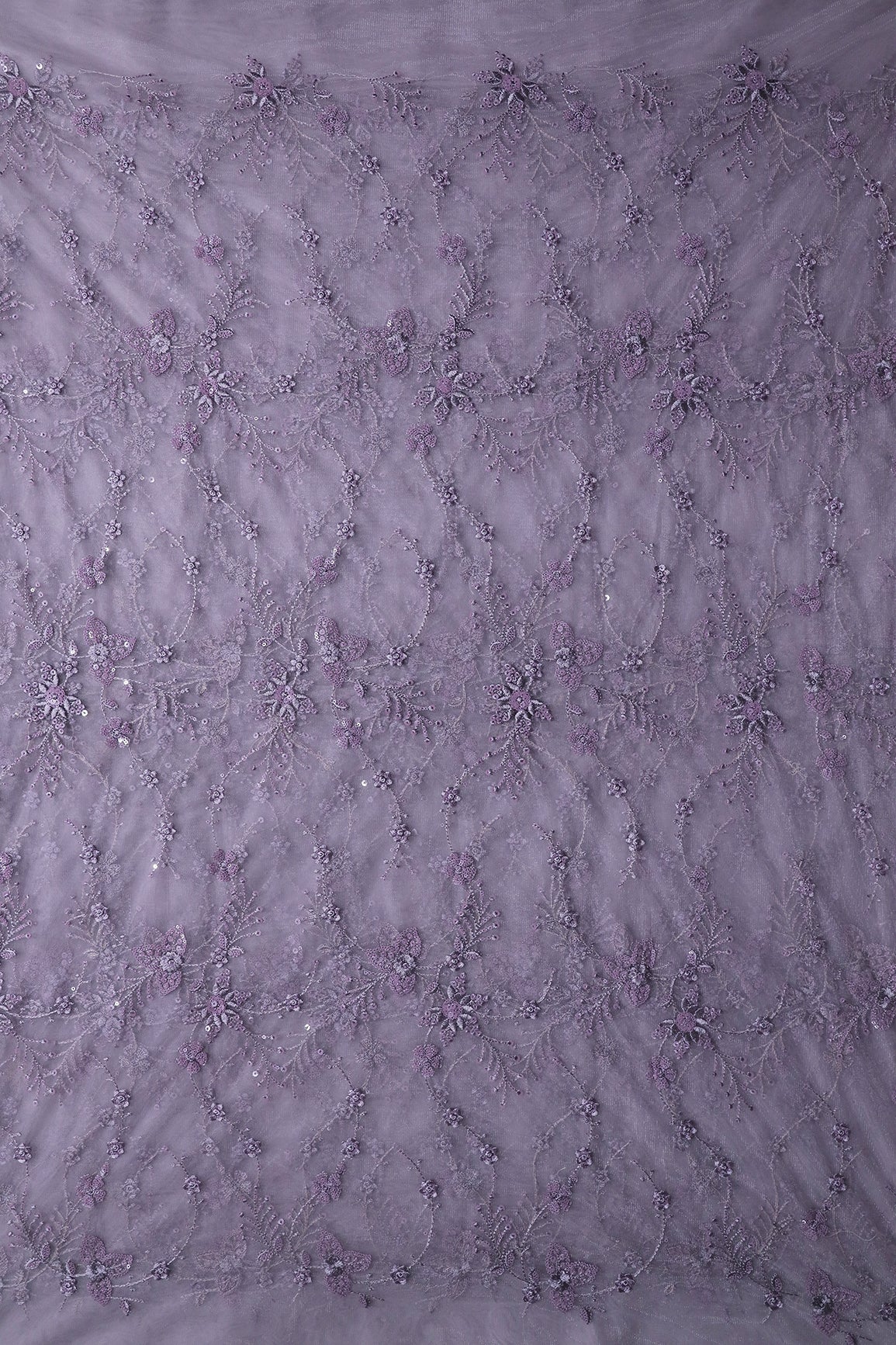 AIzaSyBcstauz-XMPRhEY21AUzeo032pxrXB5Ug - Beautiful Grey Thread With Sequins Floral Embroidery Work On Purple Grey Soft Net Fabric