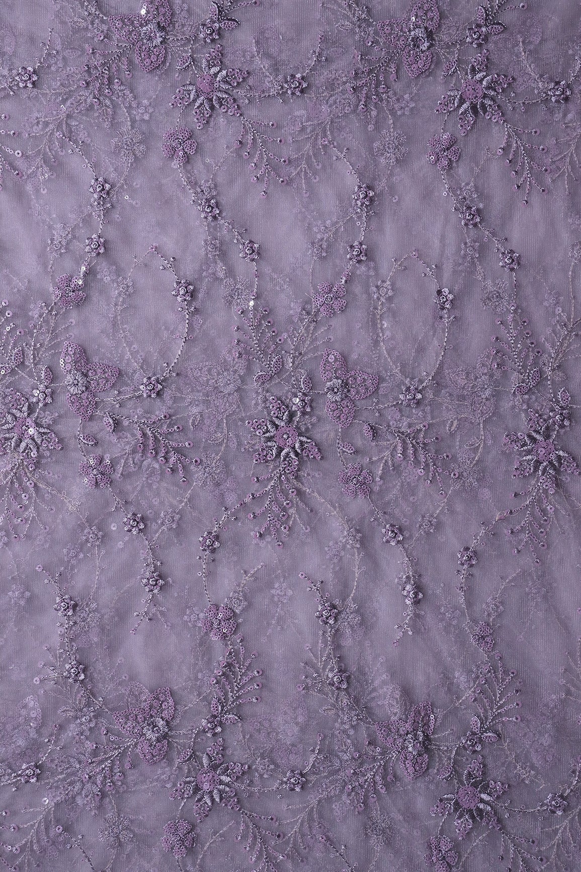 AIzaSyBcstauz-XMPRhEY21AUzeo032pxrXB5Ug - Beautiful Grey Thread With Sequins Floral Embroidery Work On Purple Grey Soft Net Fabric