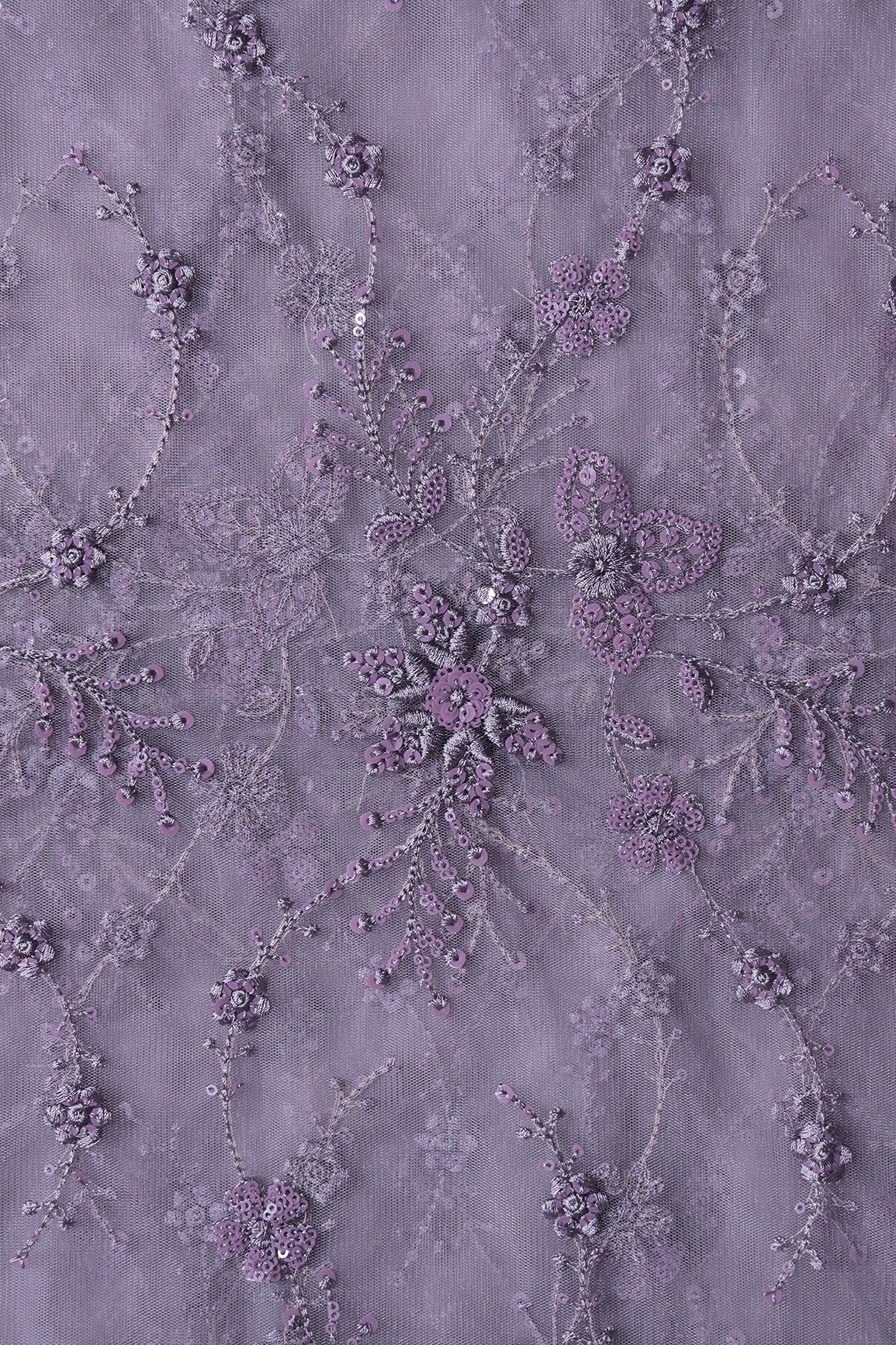 AIzaSyBcstauz-XMPRhEY21AUzeo032pxrXB5Ug - Beautiful Grey Thread With Sequins Floral Embroidery Work On Purple Grey Soft Net Fabric