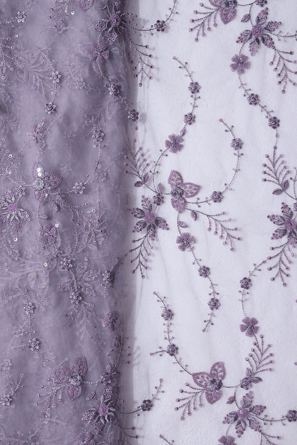 AIzaSyBcstauz-XMPRhEY21AUzeo032pxrXB5Ug - Beautiful Grey Thread With Sequins Floral Embroidery Work On Purple Grey Soft Net Fabric