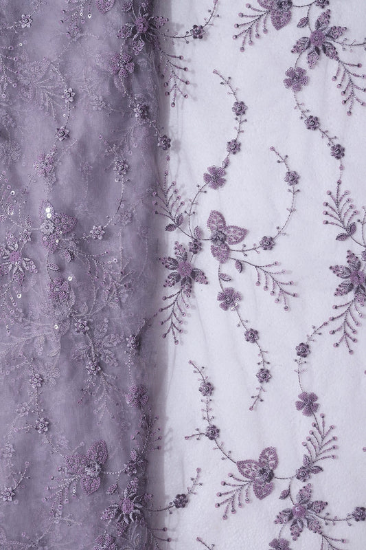 AIzaSyBcstauz-XMPRhEY21AUzeo032pxrXB5Ug - Beautiful Grey Thread With Sequins Floral Embroidery Work On Purple Grey Soft Net Fabric
